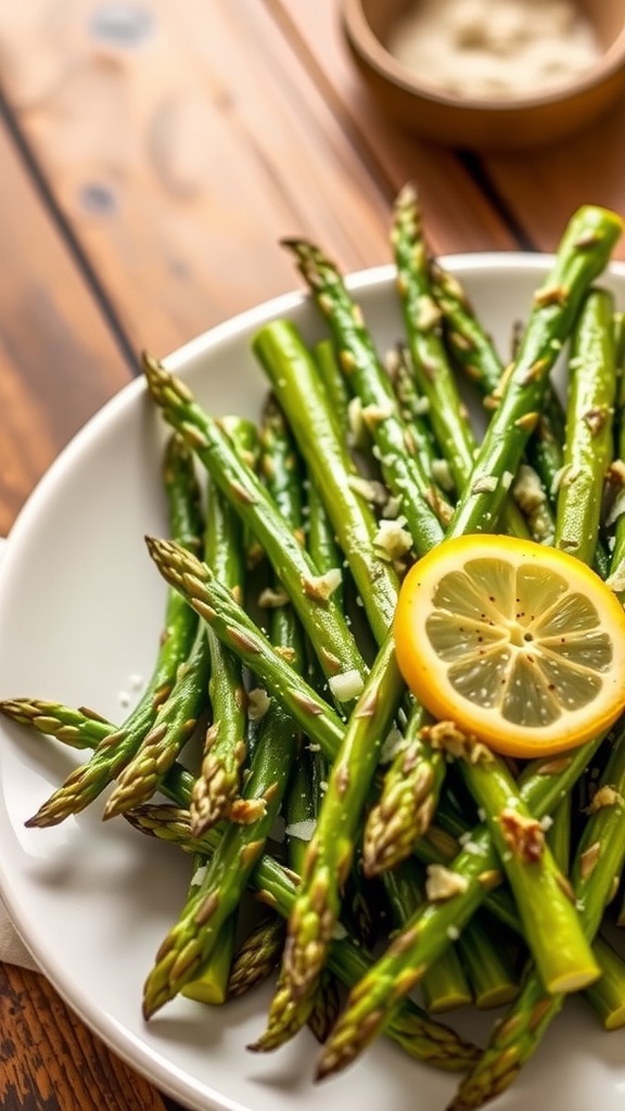 A plate of garlic roasted asparagus garnished with lemon juice and Parmesan cheese on a rustic wooden table.